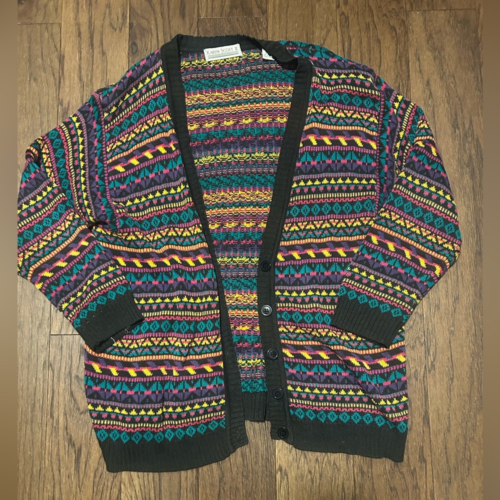 Vintage Retro Karen Scott II Colorful Patterned Cardigan